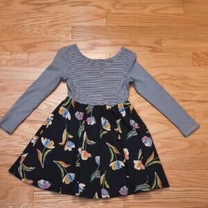Tea Collection, Scoop Neck Stripes & Floral Twirl Skirt Girls Dress, Size 12 EUC
